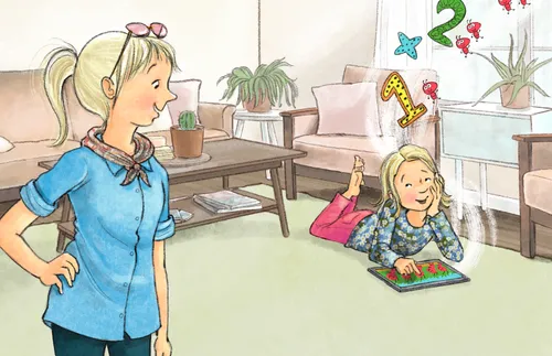 girl playing on tablet and talking to mom