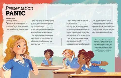 Story PDF of a girl standing in a classroom in front of three classmates sitting at desks