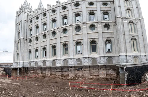 Images of the renovation during the Salt Lake Utah Temple renovation project. The images show some of the exterior damage from the earthquakes. 
