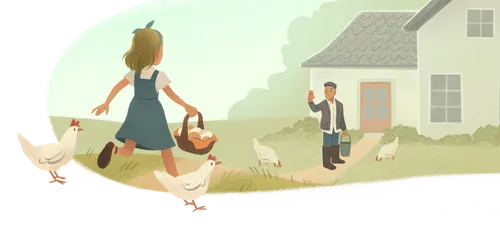 Girl with a basket of eggs running to elderly man