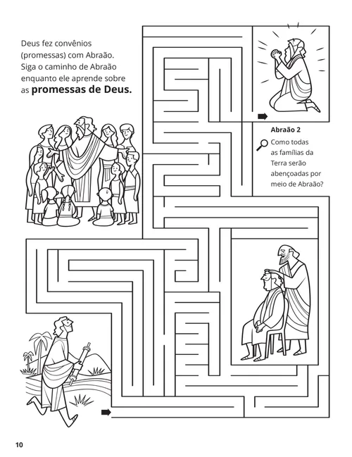 Página em PDF para colorir com cenas da vida de Abraão e uma atividade de labirinto