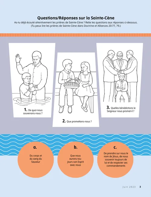 Page d’activité sur laquelle on voit des enfants qui se font baptiser et confirmer et qui prennent la Sainte-Cène