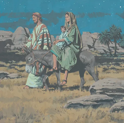 Joseph, Mary, and Jesus traveling