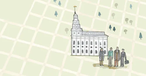 Nauvoo Temple with men in front