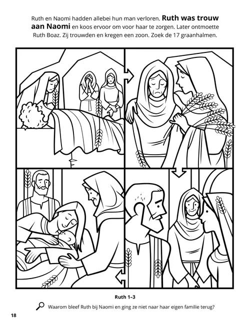 Pdf met kleurplaat met gebeurtenissen uit het leven van Ruth en Naomi