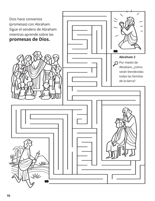 Página en PDF para colorear de escenas de la vida de Abraham, además de una actividad de laberinto