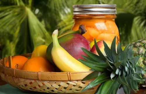 baskets and bottles of fruit