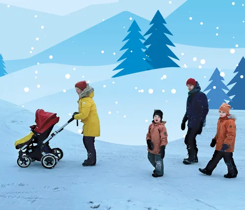 Two boys walking in the snow with their dad, and their mom is pushing a stroller