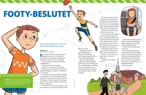 Pdf-sida med illustrationer av en pojke som kliar sig i huvudet, spelar fotboll, ber i en bil och går till kyrkan med sin familj.