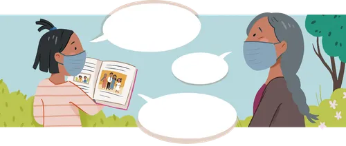 Beatrice showing her baptism journal to her neighbor