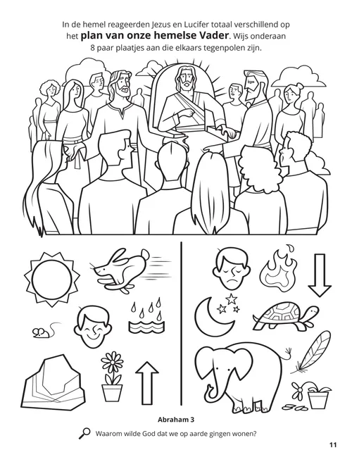 Pdf met kleurplaat van de raadsvergadering in de hemel en een combinatiespel over tegenstellingen