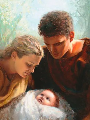 Adam and Eve standing together.  Eve is holding a baby.  They are both looking at the baby.