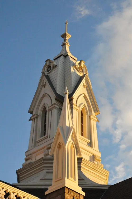 A view of the main spire on the Salt Lake Assembly Hall, with one of the smaller spires seen in the foreground.