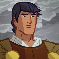 Moroni looks forward with clouds behind