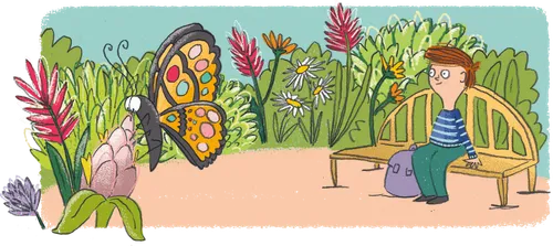 boy sitting on bench in the garden