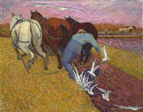 Painting of a man laboring to plow a field.