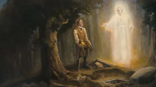 Joseph Smith holding the gold plates and standing in front of the angel Moroni