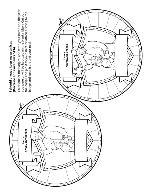 Line art illustration is a coloring picture that depicts a boy and a girl, each in a circle with a banner and shield.