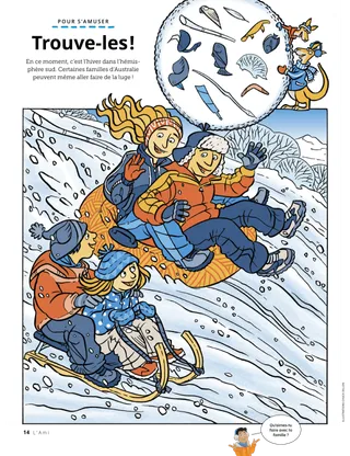 Objets cachés sur l’image d’une famille faisant de la luge sur une colline enneigée