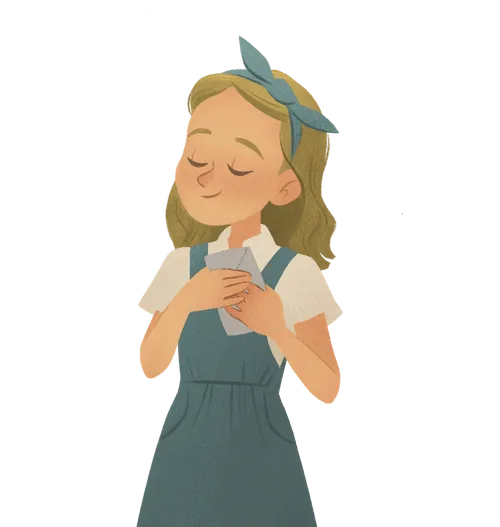 Girl holding envelope to chest and looking peaceful