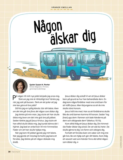Pdf-sida med illustration av en kvinna som sitter i en buss.