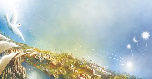 dove flying over city with temple