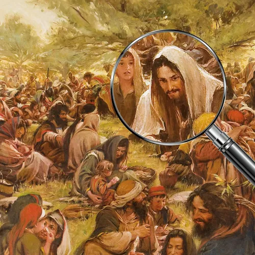 Jesus looks on as people are being fed