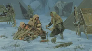Mormon pioneers at Red Buttes Camp on October 19, 1856. The pioneers are trying to light a fire to cook with in heavy snow and wind. The painting is part of the exhibits at the Mormon Handcart Visitors' Center at Martin's Cove in Wyoming.