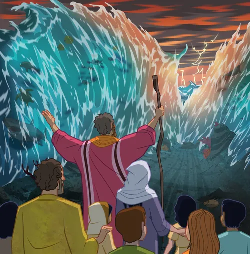 illustration of Moses raising rod and Red Sea parting