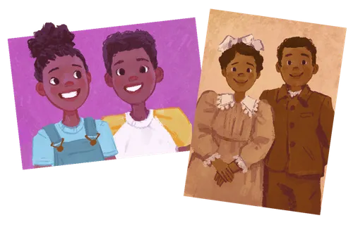 A photo of a girl and boy next to a photo of their ancestors