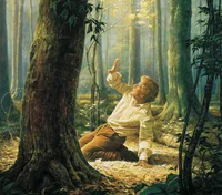 Joseph Smith, Jr. depicted kneeling in the Sacred Grove during the First Vision. A ray of light can be seen coming from the sky down through the trees toward Joseph.