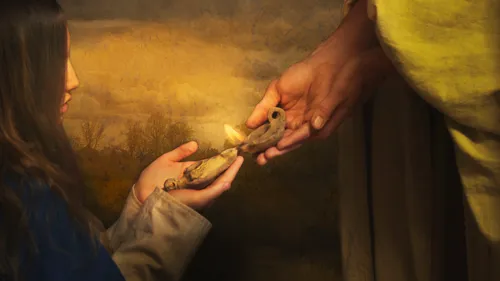 a man’s hands reaching out with an oil lamp to light a woman’s lamp