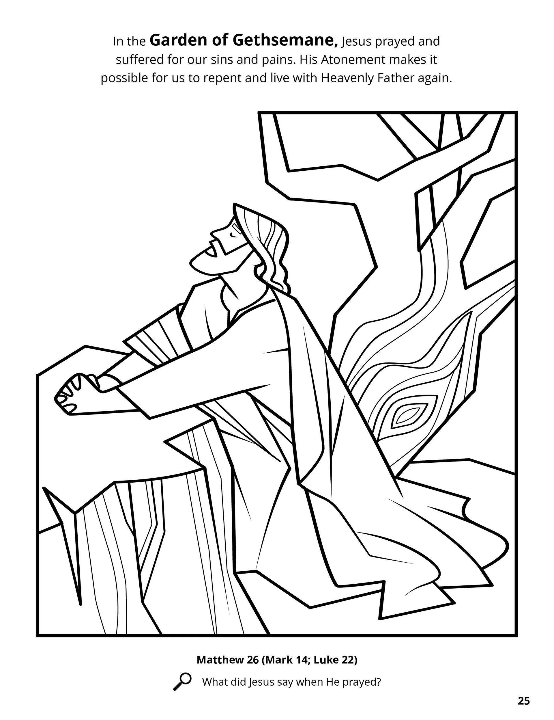 Coloring page which features Jesus praying in Gethsemane.