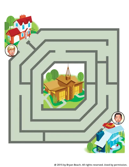 A boy at his home at the top of the page, heading to a brown church in the center of the maze.