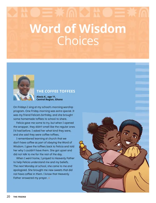 Page PDF with illustrations of two girls hugging, a woman giving a boy a water bottle, and a girl with a drink carton