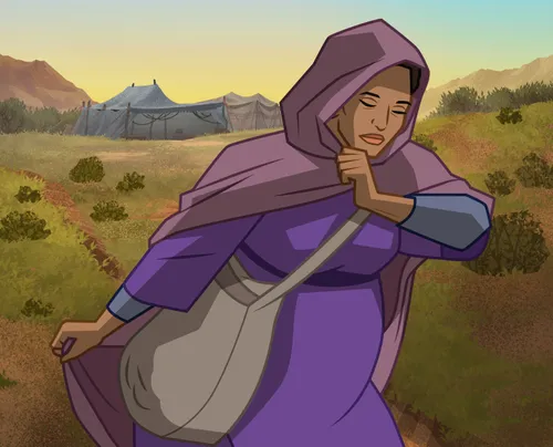 Illustration of Hagar carrying a sack and walking away from a tent