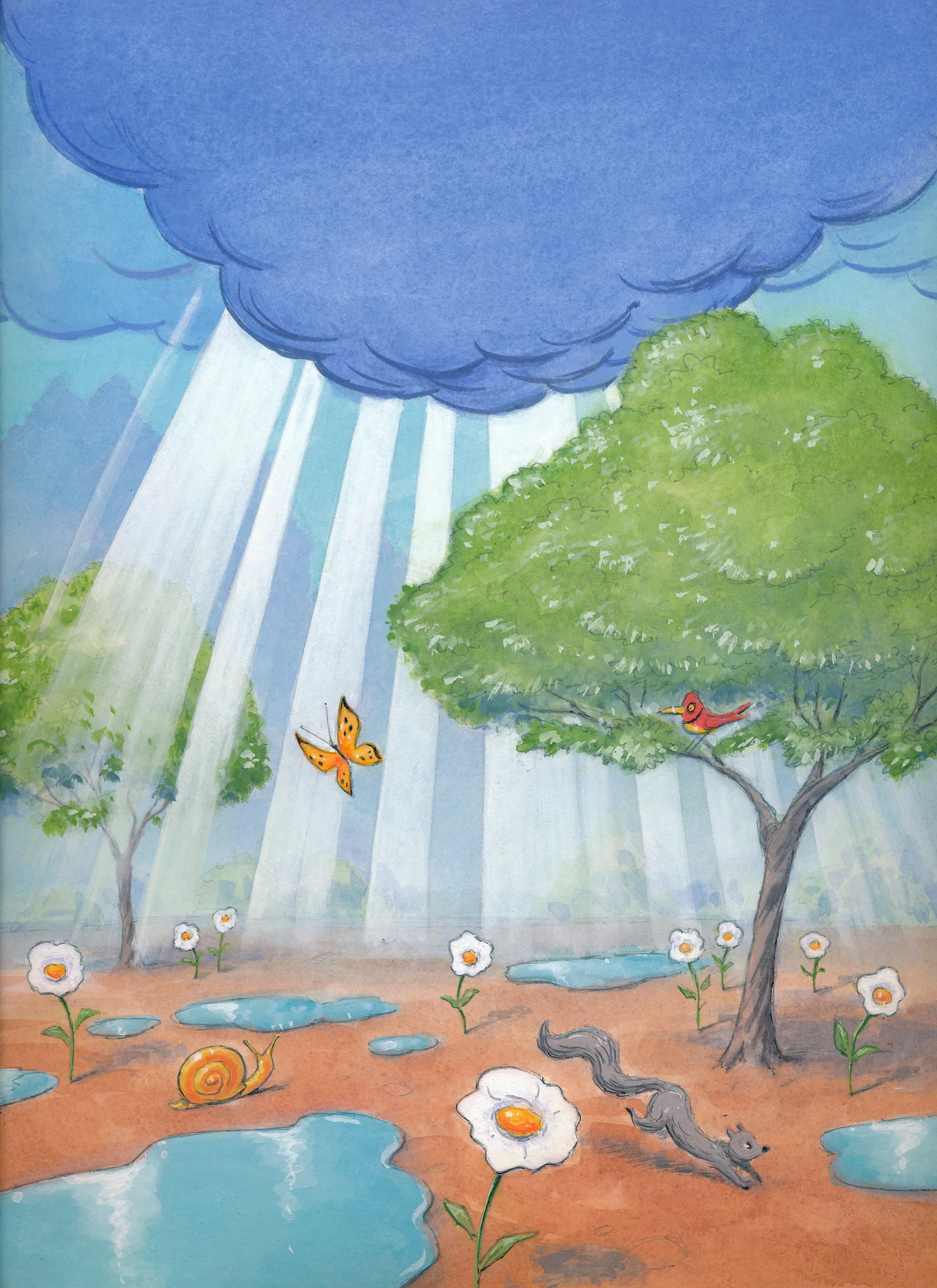 Sunbeams shine down on a landscape filled with trees and puddles of water.