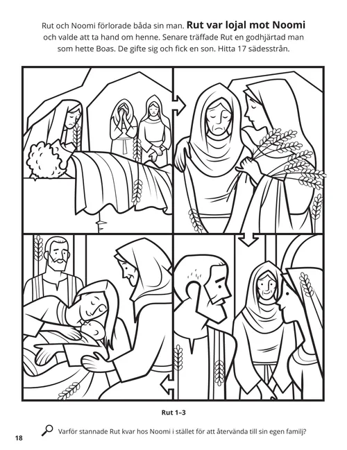 Färgläggnings-pdf med scener från Ruts och Noomis liv.