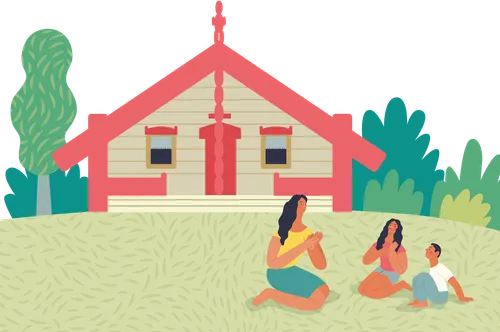 Maori family sitting outside a small building called a marae