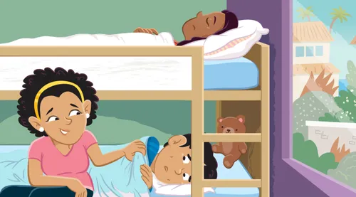 Margo and Paolo sick in bed with their mom sitting with them