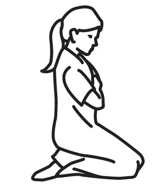 Line art of a girl kneeling in prayer.
