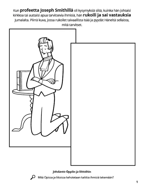 Värityskuva Joseph Smithistä rukoilemassa