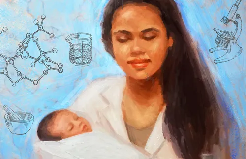 mother in lab coat holding baby