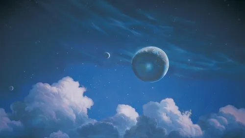 mural of the earth and the moon in the heavens with billowing clouds beneath