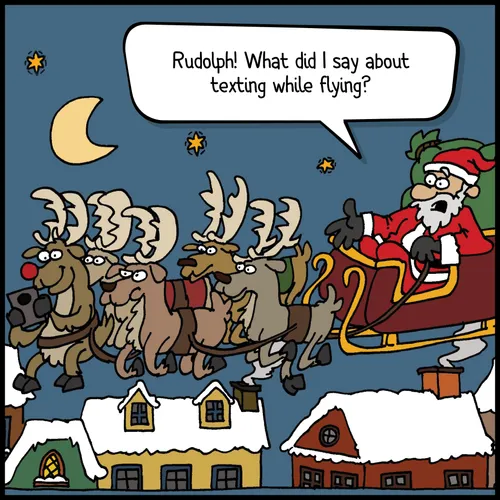 Santa Claus flying in sleigh with reindeer