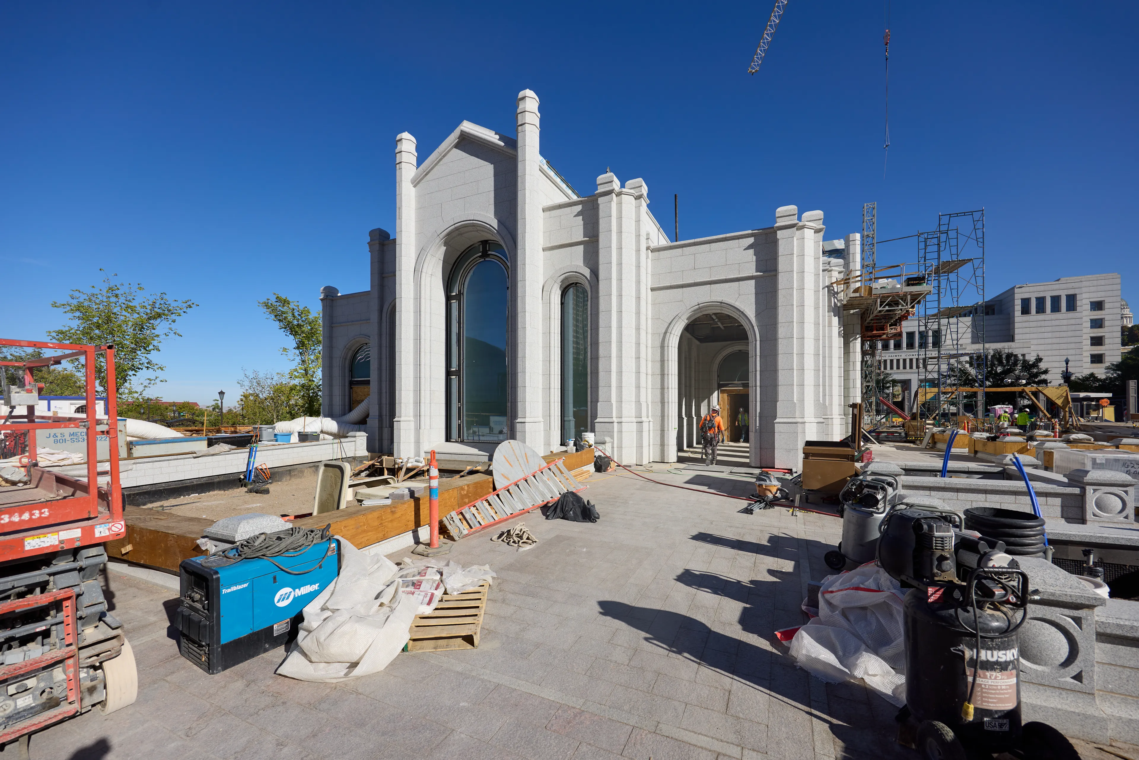 A view of Temple Square during renovations in September 2025. The image features an overview of the North Addition's west building.