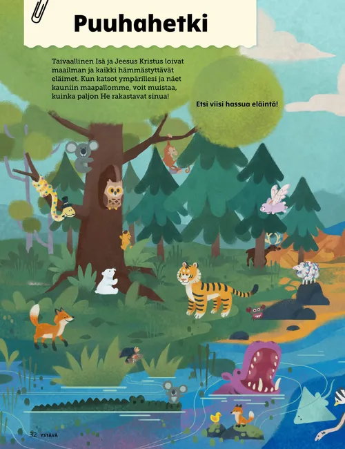 Sivun PDF, jossa näkyy luontonäkymä ja paljon eläimiä