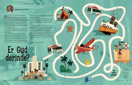 PDF-side med en labyrint med illustrationer af en familie, der rejser til et tempel med forskellige former for transport