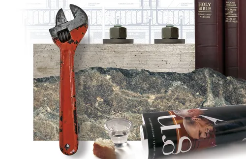 sacrament emblems, magazine, scriptures, and various construction items