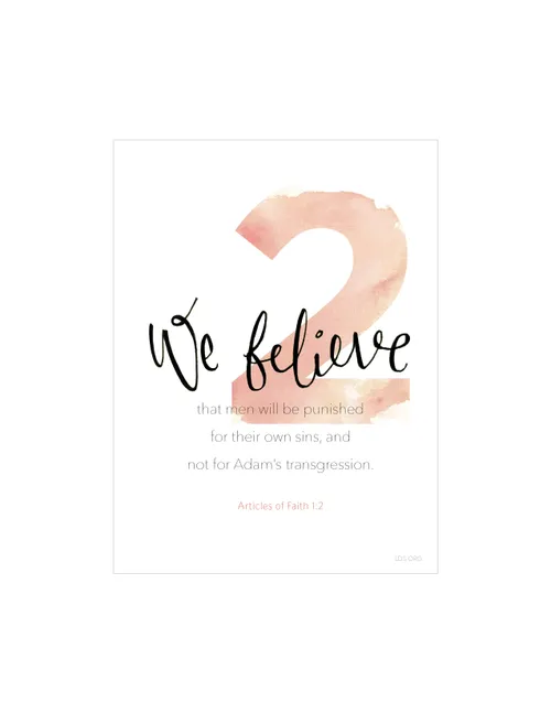 A white background with a large number 2 printed in red, paired with the words of Articles of Faith 1:2.